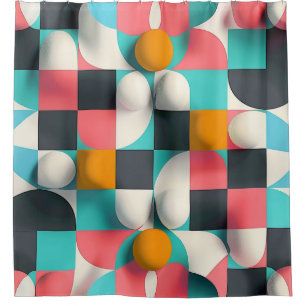 Colourful 3D Spheres and Geometric Grid Pattern Shower Curtain