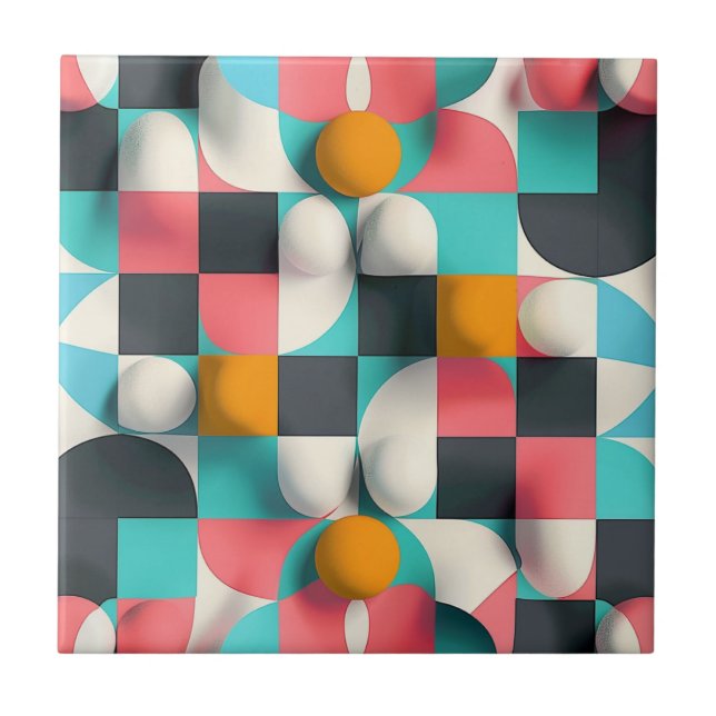 Colourful 3D Spheres and Geometric Grid Pattern Tile (Front)