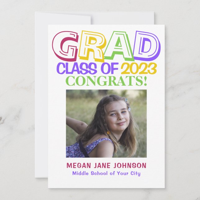 Colourful 5 photos middle school graduation announcement (Front)