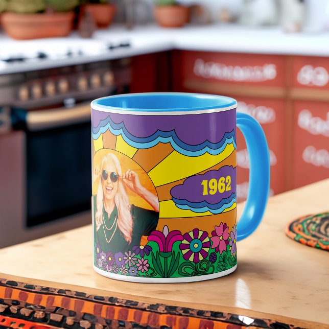 Colourful 60s Flower Child Hippie Birthday Photo Mug (Creator Uploaded)