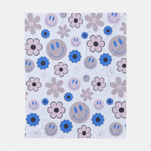 Colourful 70s Groovy Flower Smile Face Pattern Fleece Blanket (Front)