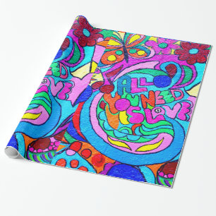 colourful 70's hippie peace and love wrapping paper