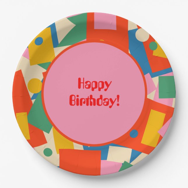 Colourful 80s Geometric Abstract Retro Pattern Paper Plate (Front)