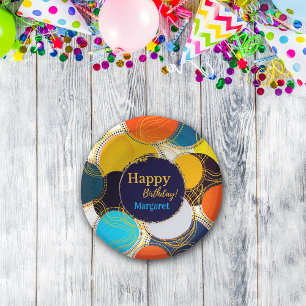 Colourful 80's Retro Circle Abstract Happy Birthda Paper Plate