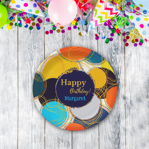 Colourful 80s Retro Circle Abstract Happy Birthday Paper Plate