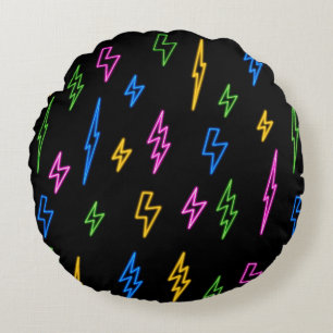 Colourful 80's Retro Neon Lightning Pattern  Round Cushion