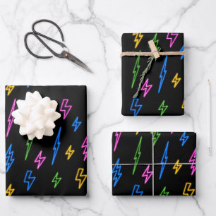Colourful 80's Retro Neon Lightning Pattern  Wrapping Paper Sheet