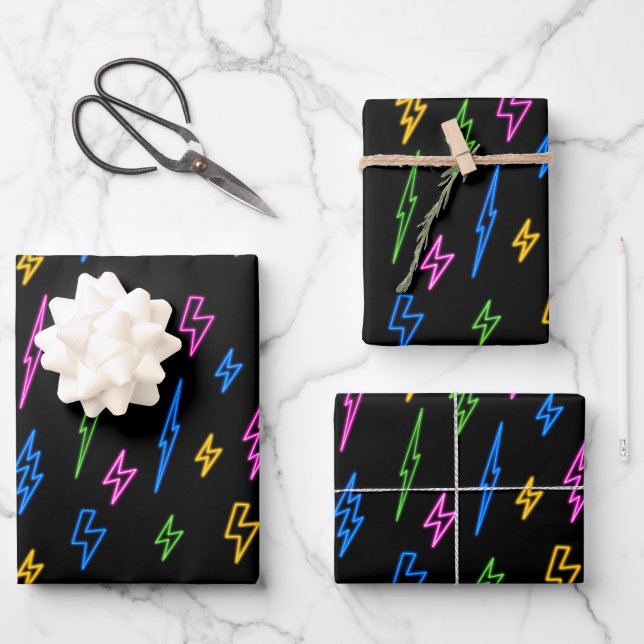 Colourful 80's Retro Neon Lightning Pattern  Wrapping Paper Sheet (Front)