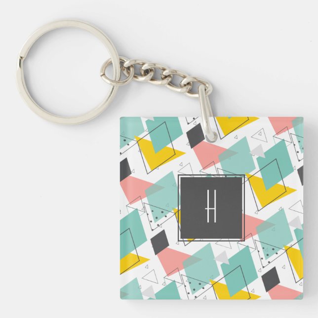 Colourful 90's Abstract Pattern Monogram Photo Key Ring (Front)