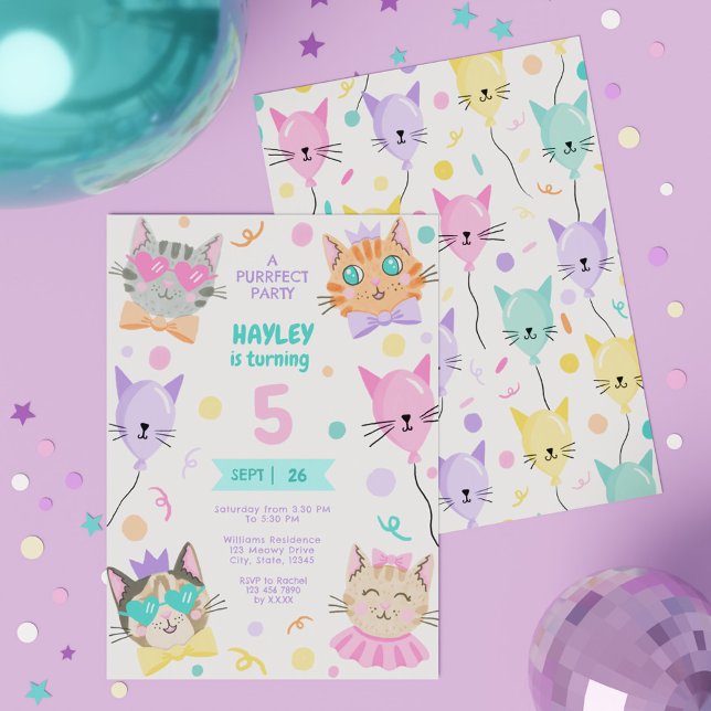 Colourful A Purrfect Party Cute Kitty Cat Birthday Invitation (Colorful A Purrfect Party Cute Kitty Cat Birthday Invitation)