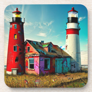 Colourful Abandoned Lighthouses on a Beach Coaster