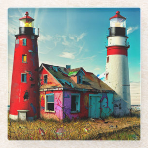Colourful Abandoned Lighthouses on a Beach Glass Coaster