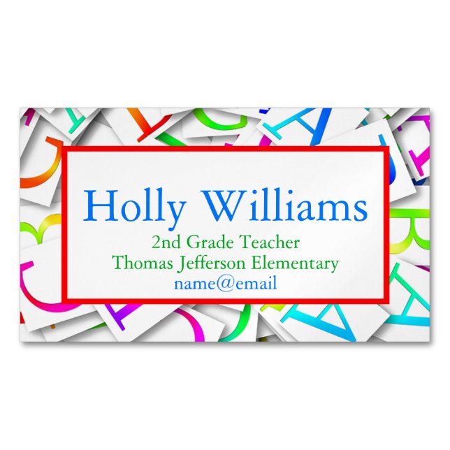 Colourful ABC Teacher Educator Professional Magnetic Business Card (Front)