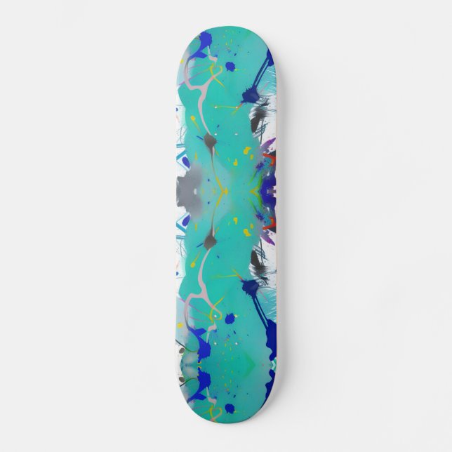 Colourful abstract aqua fuchsia indigo kitty voice skateboard (Front)
