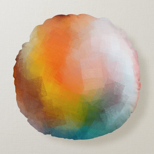 colourful abstract art brown red yellow blue green round cushion (Front)