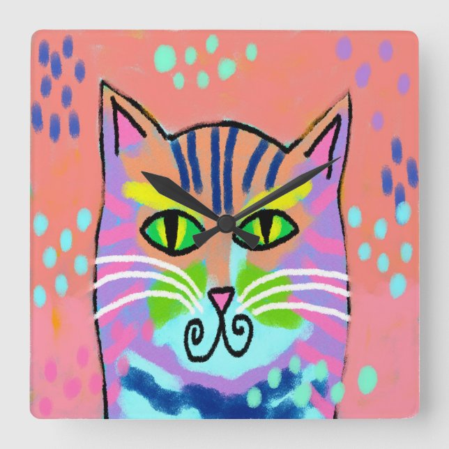Colourful Abstract Art Cat Wall Clock (Front)