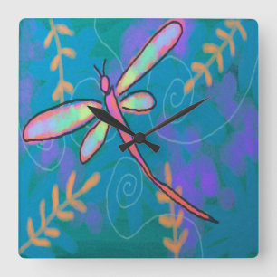 Colourful Abstract Art Dragonfly Square Wall Clock