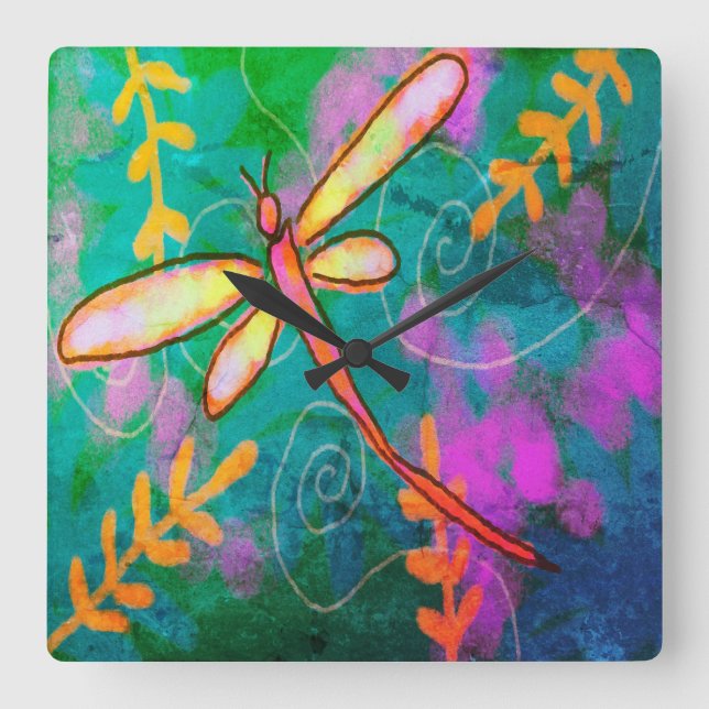 Colourful Abstract Art Dragonfly Square Wall Clock (Front)