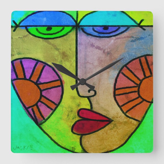 Colourful Abstract Art Face Square Wall Clock (Front)
