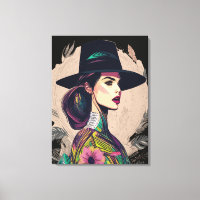 Colourful Abstract Art Floral Girl With Big Hat 