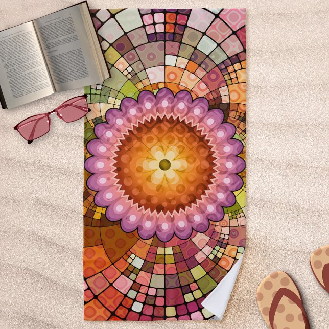 Colourful Abstract Art Mandala Mosaic Beach Towel (Colorful abstract art beach towel featuring an original geometric mandala mosaic design)