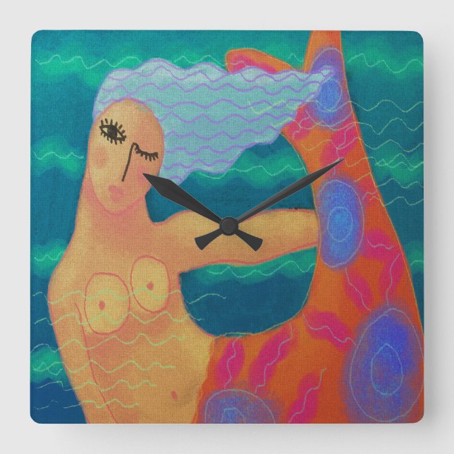 Colourful Abstract Art Mermaid Square Wall Clock (Front)