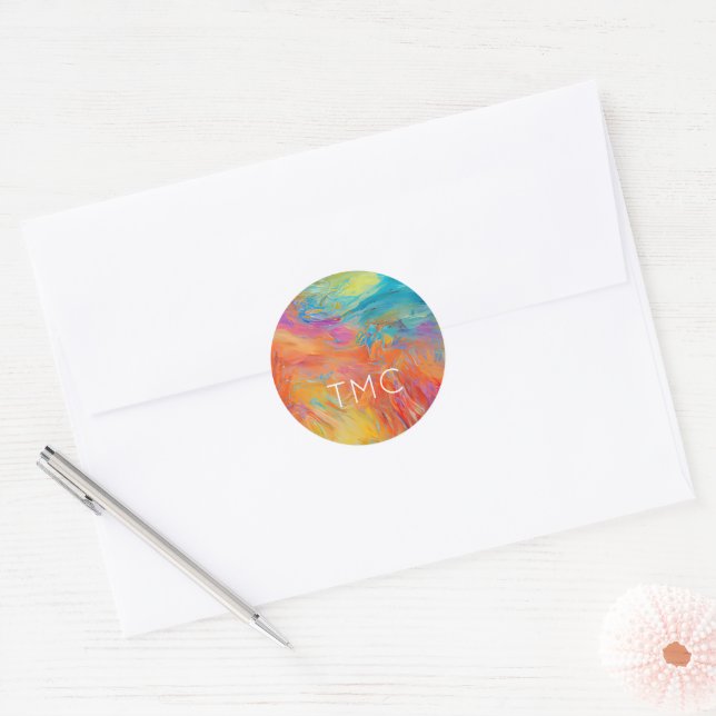Colourful Abstract Art Painting Monogram INITIALS  Classic Round Sticker (Envelope)