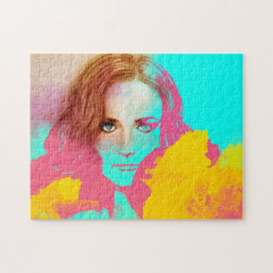 Colourful Abstract Art Woman in Blue, Pink & Yello Jigsaw Puzzle