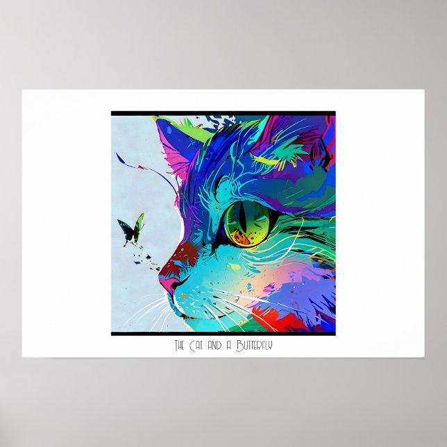 Colourful abstract artistic cat and butterfly  poster (Front)