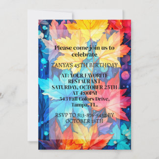 Colourful Abstract Autumn Leave Birthday Party Invitation