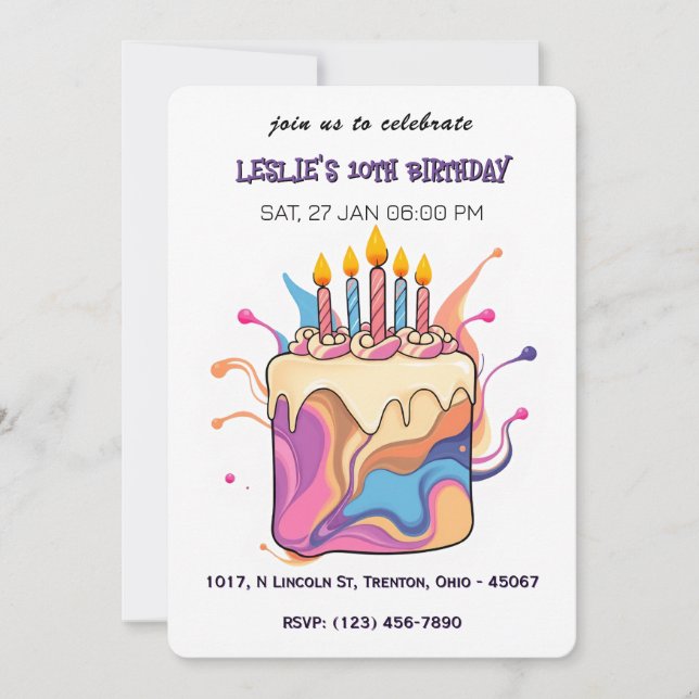 Colourful Abstract Birthday Cake with Candles Invitation (Front)