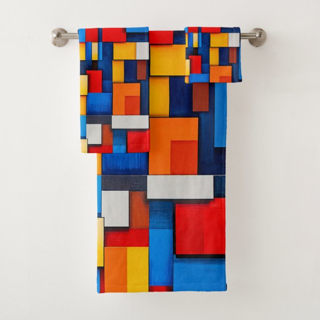 Colourful abstract blocks bath towel set (Insitu)