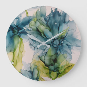 Colourful Abstract Blue and Green Floral Art Large Clock