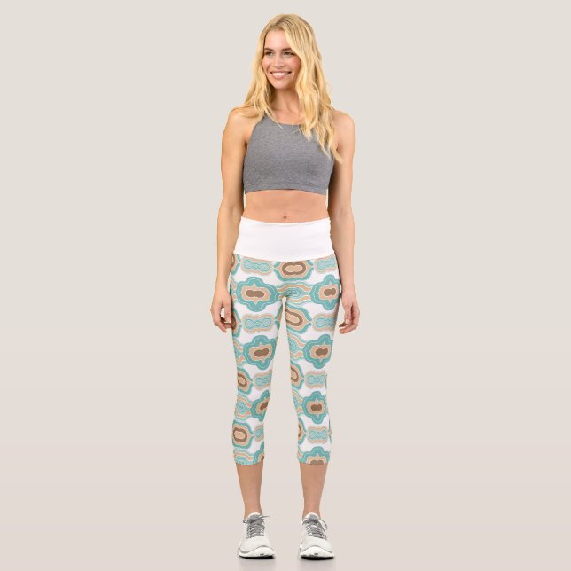 Colourful abstract blue/brown/tan medallion capri leggings (Front)