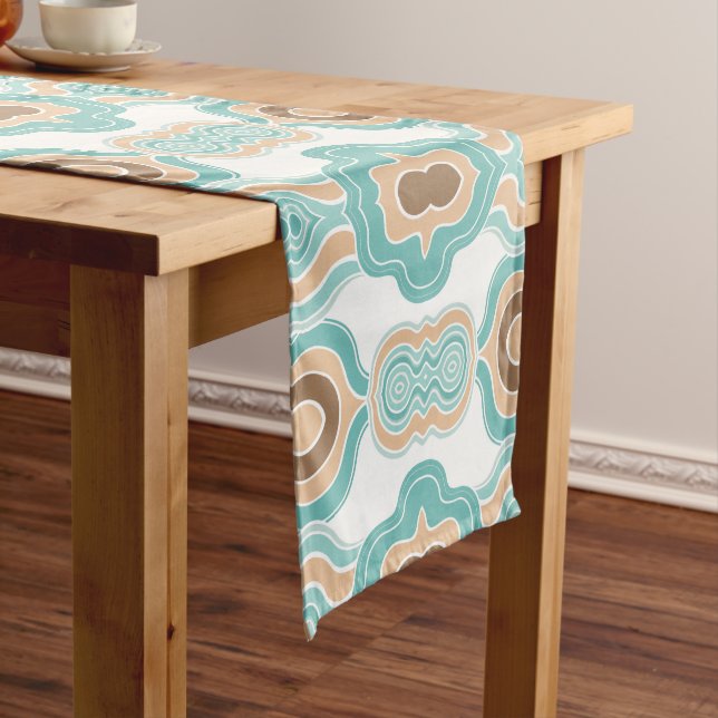 Colourful abstract blue/brown/tan medallion long table runner (In Situ)