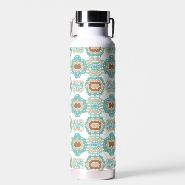 Colourful abstract blue/brown/tan medallion water bottle (Front)