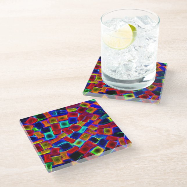Colourful Abstract Bokeh Blocks Glass Coaster (Angled)