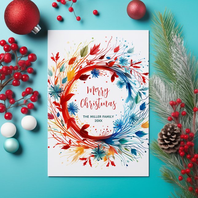 Colourful Abstract Botanical Christmas Wreath  Holiday Card (Creator Uploaded)