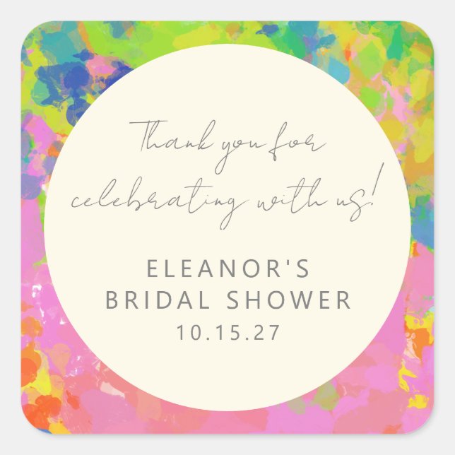 Colourful Abstract Bridal Shower Custom Thank You Square Sticker (Front)