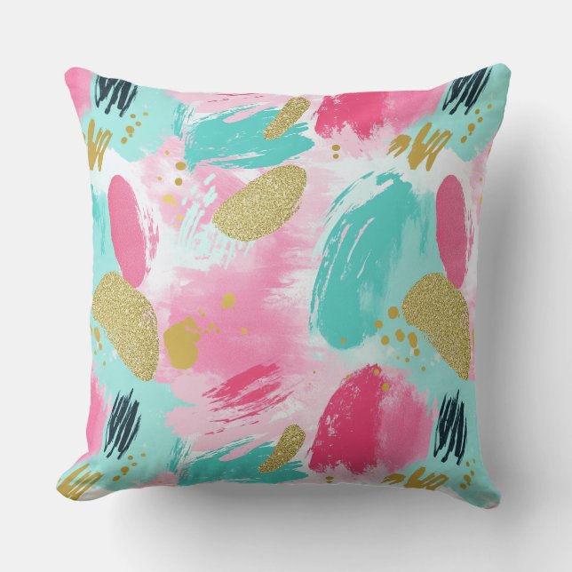 Colourful Abstract Brushstrokes - Mint & Pink (1) Cushion (Front)