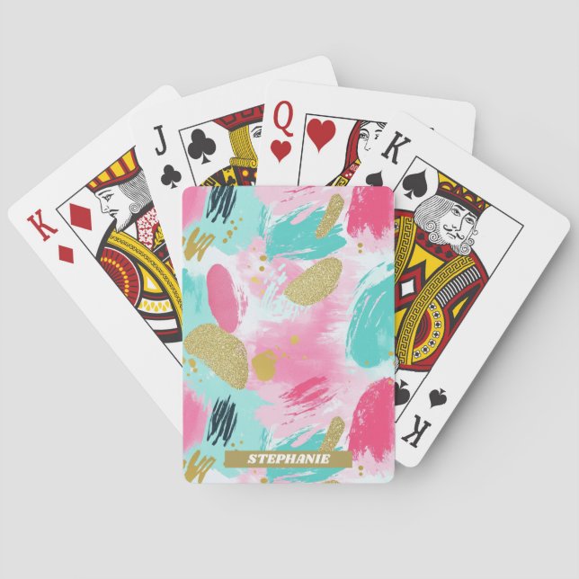 Colourful Abstract Brushstrokes - Mint & Pink (1) Playing Cards (Back)