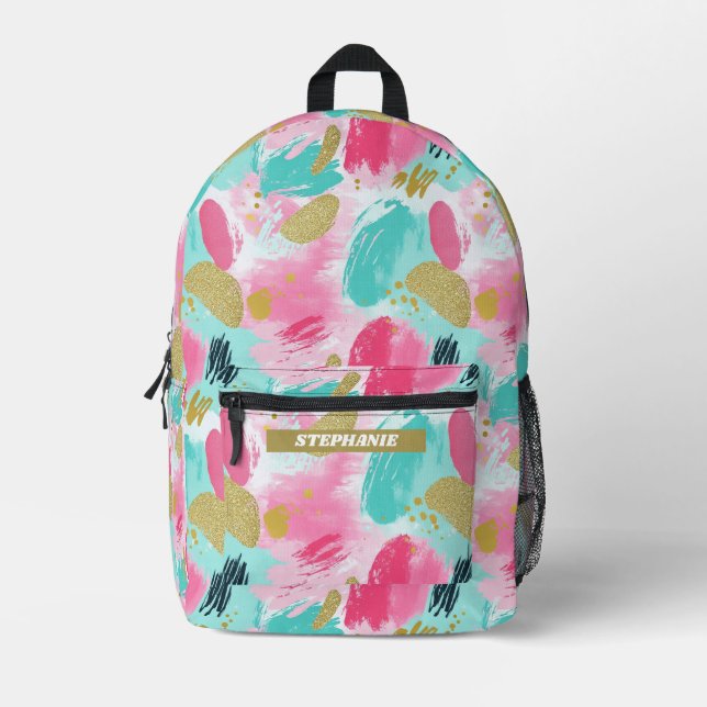Colourful Abstract Brushstrokes - Mint & Pink (1) Printed Backpack (Front)
