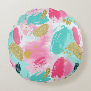 Colourful Abstract Brushstrokes - Mint & Pink (1) Round Cushion