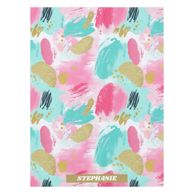 Colourful Abstract Brushstrokes - Mint & Pink (1) Tablecloth (Front)