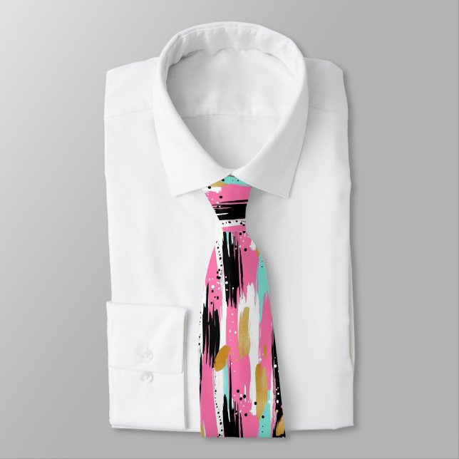 Colourful Abstract Brushstrokes - Mint & Pink (2) Tie (Tied)