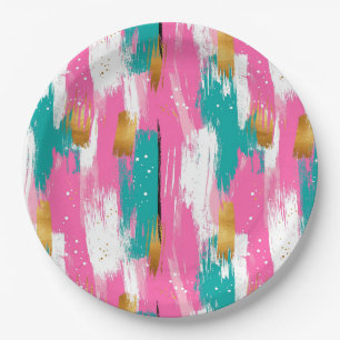Colourful Abstract Brushstrokes - Mint & Pink (3) Paper Plate