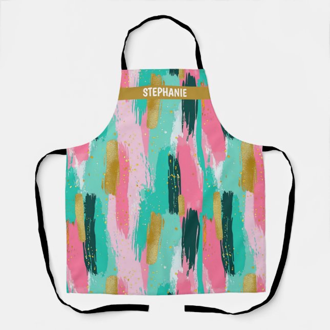Colourful Abstract Brushstrokes - Mint & Pink (4) Apron (Front)