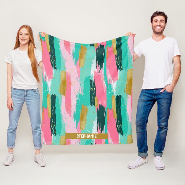 Colourful Abstract Brushstrokes - Mint & Pink (4) Fleece Blanket (In Situ)