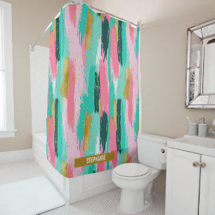 Colourful Abstract Brushstrokes - Mint & Pink Shower Curtain