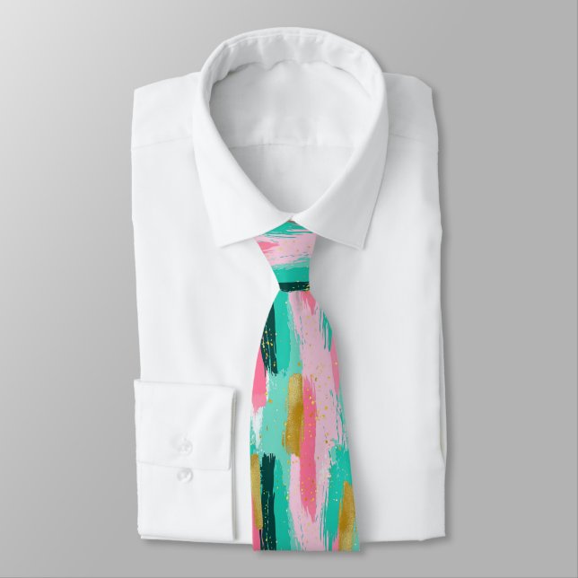 Colourful Abstract Brushstrokes - Mint & Pink Tie (Tied)